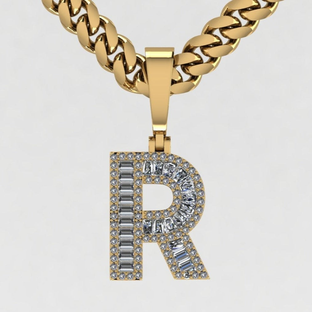 This is a cad front shot image of our 10k yellow gold baguette-cut moissanite letter pendant.