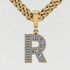 This is a cad front shot image of our 10k yellow gold baguette-cut moissanite letter pendant.