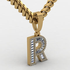 This is a cad side image of our 10k yellow gold baguette-cut moissanite letter pendant