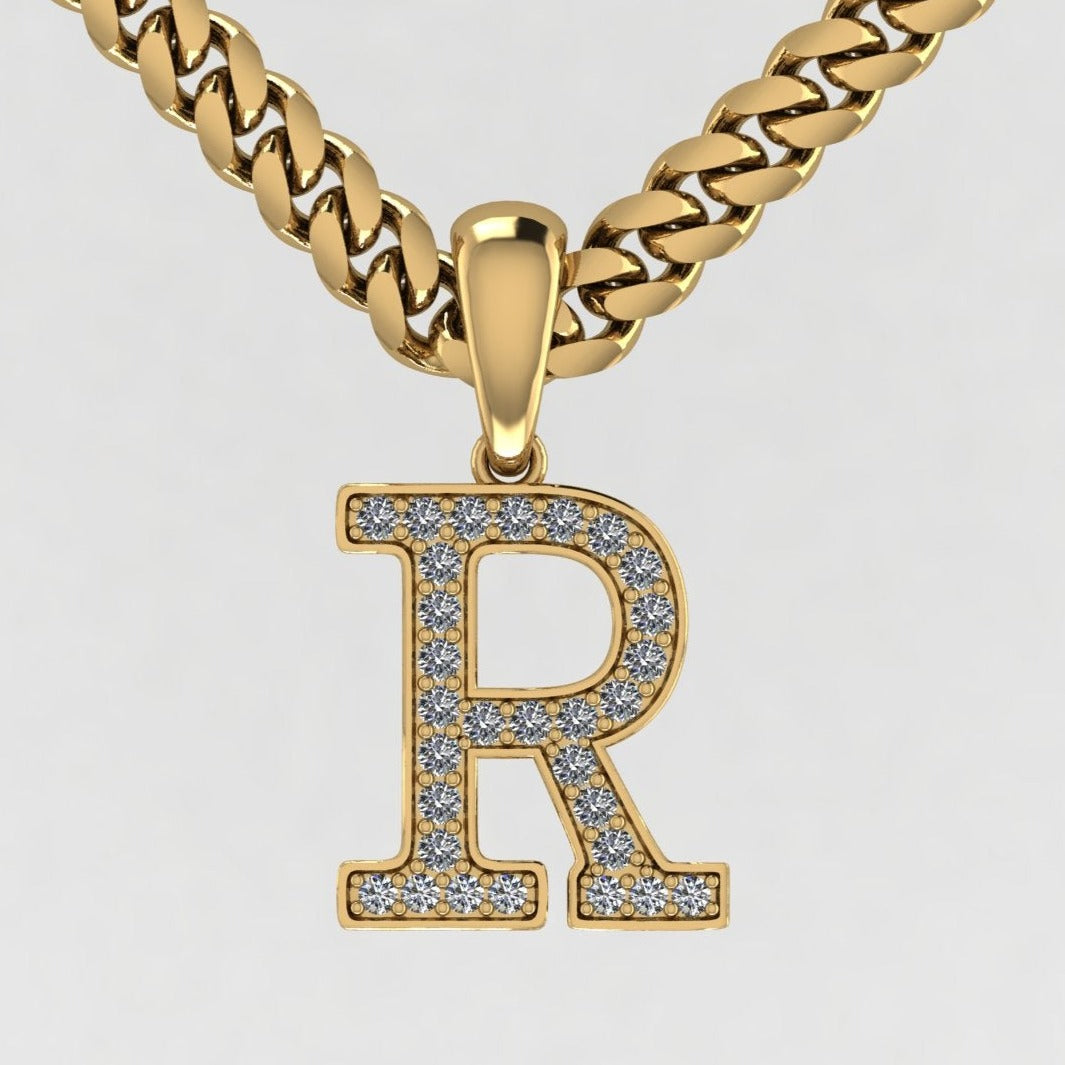 This is a close up image designed on CAD of our round Cut initial letter pendant in 9k yellow gold showing the letter R.