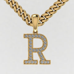 This is a close up image designed on CAD of our round Cut initial letter pendant in 9k yellow gold showing the letter R.