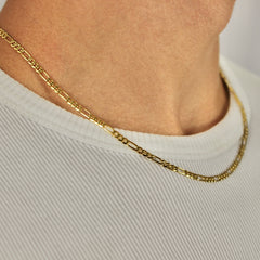 This is a side extreme closeup shot of our 3mm 18k sterling silver figaro chain on a models neck