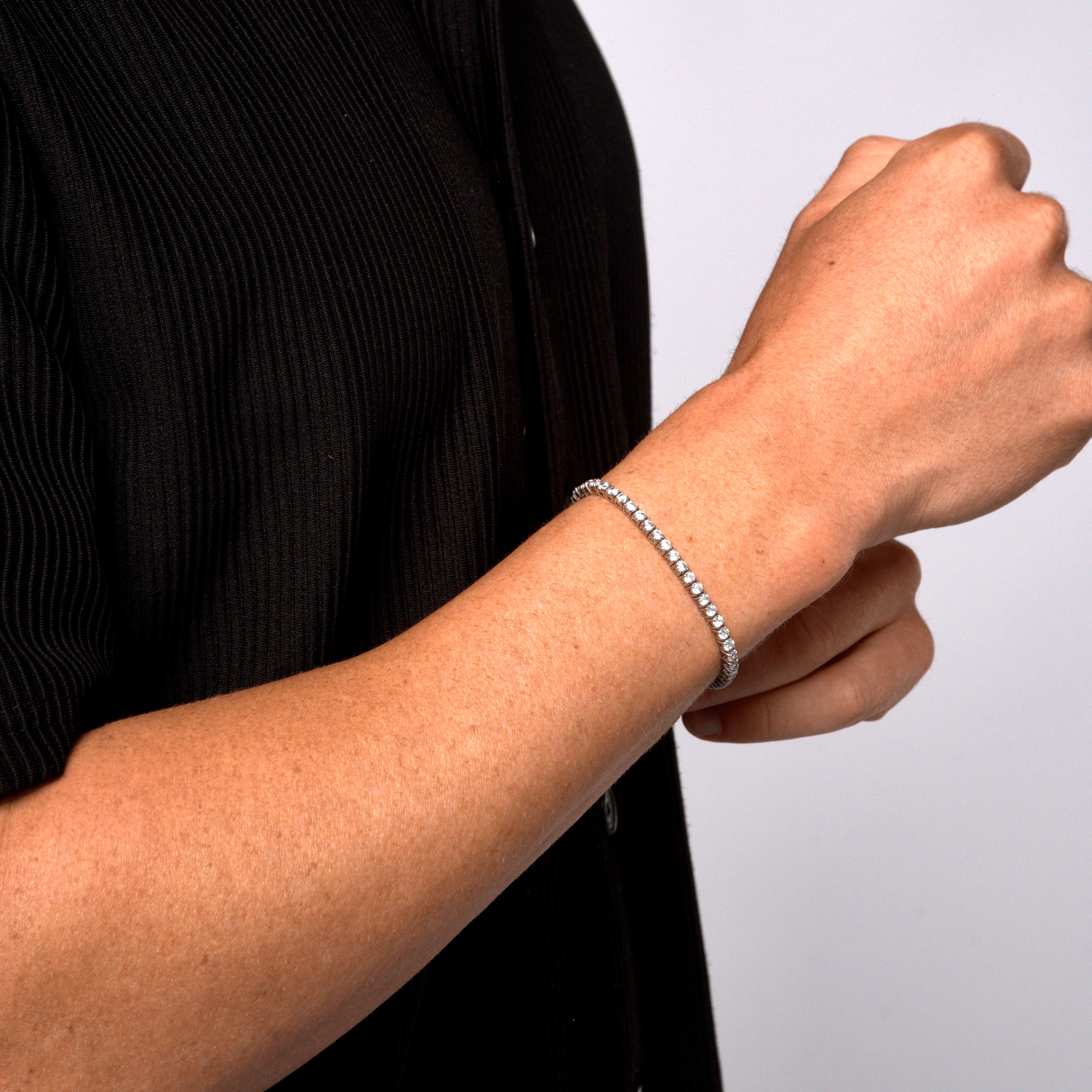 This is a Studio side shot of our 3mm round-cut tennis bracelet being worn by a model on there right wrist