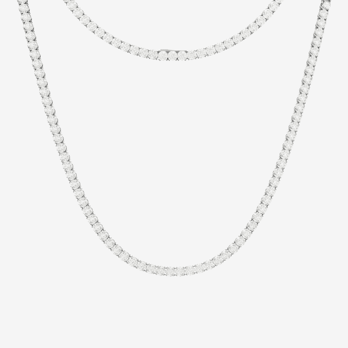 This is a front product shot of our 4mm sterling silver round-cut tennis necklace, displayed on a white backround with the clasp