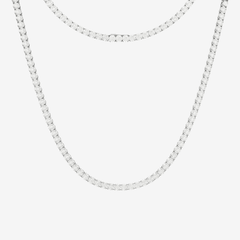 This is a front product shot of our 4mm sterling silver round-cut tennis necklace, displayed on a white backround with the clasp