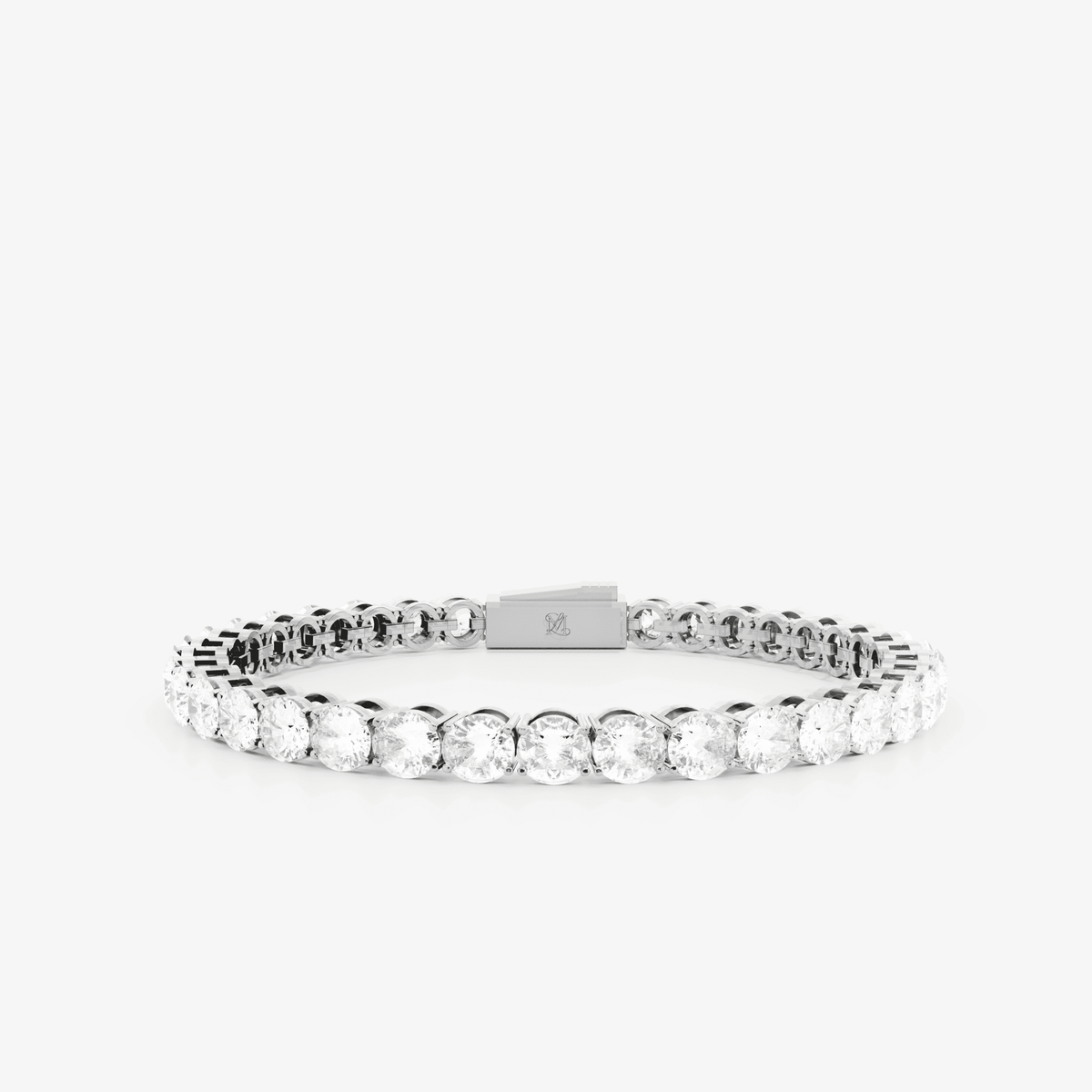 This is a product shot of our 4mm sterling silver tennis bracelet with a white backround, displaing the front of the bracelet with the clasp