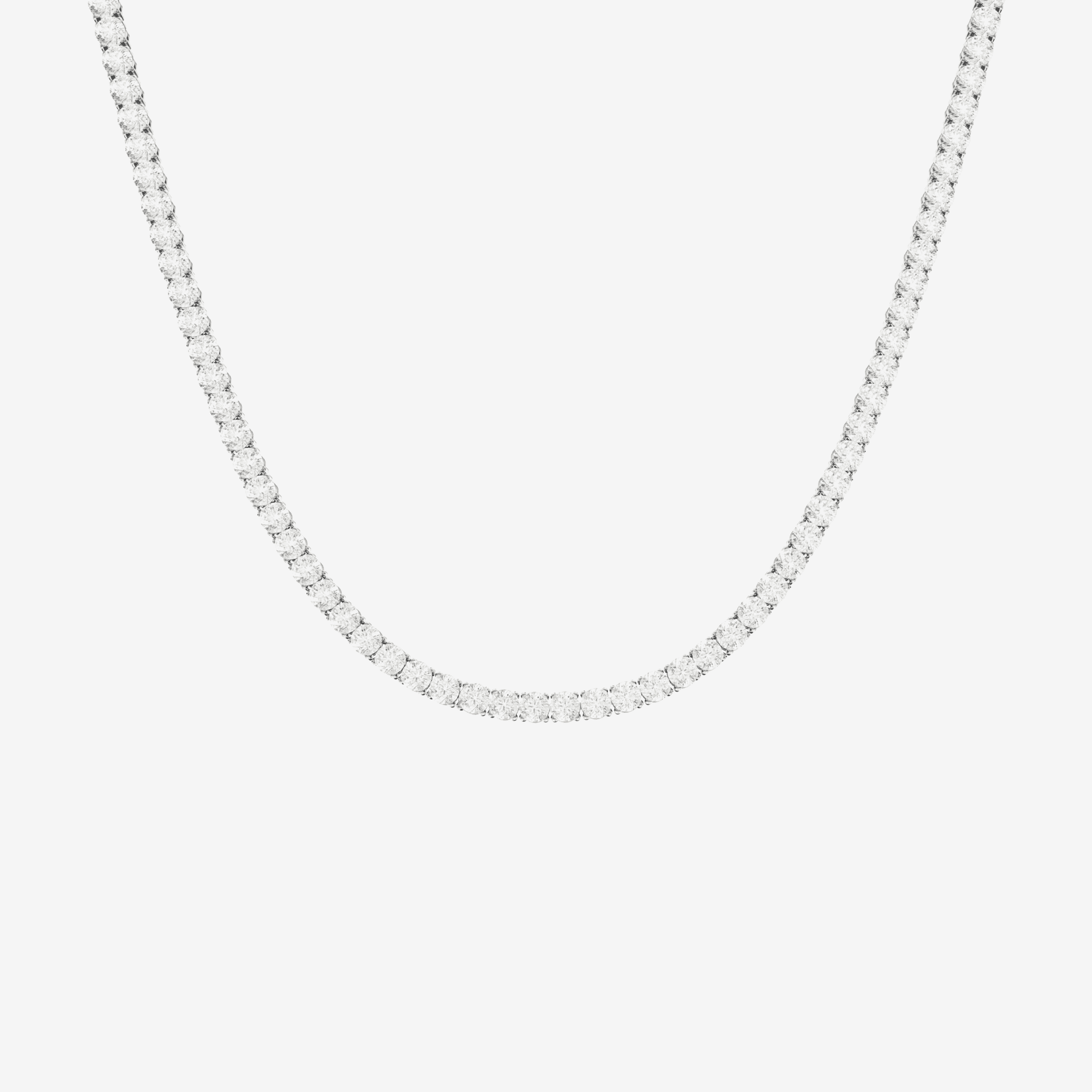 This is a front product shot of our 4mm sterling silver round-cut tennis necklace, displayed on a white backround