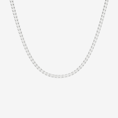 This is a front product shot of our 4mm sterling silver round-cut tennis necklace, displayed on a white backround