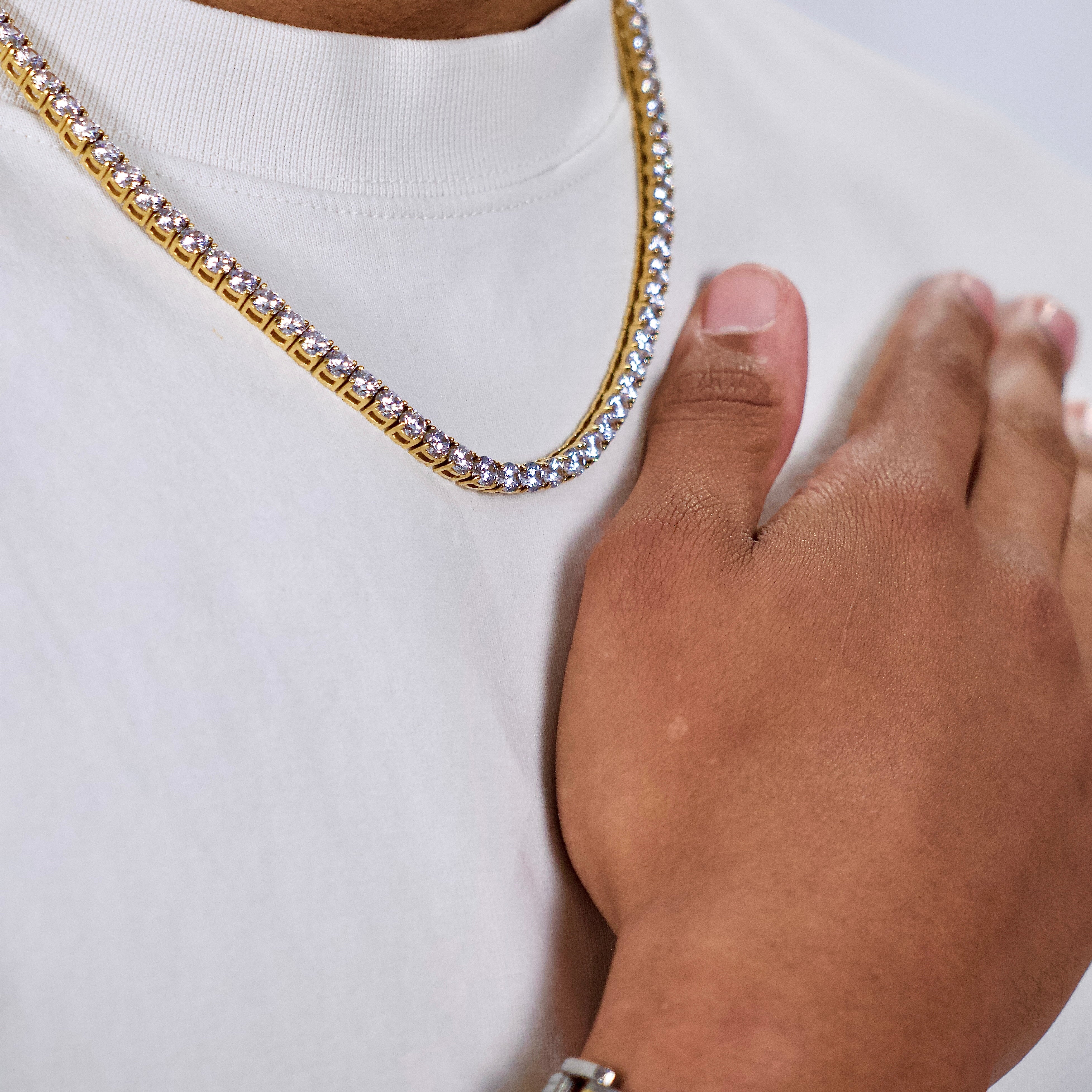 This is a Front shot taken in a studio of a model wearing our 5mm Stainless Steel Tennis Necklace