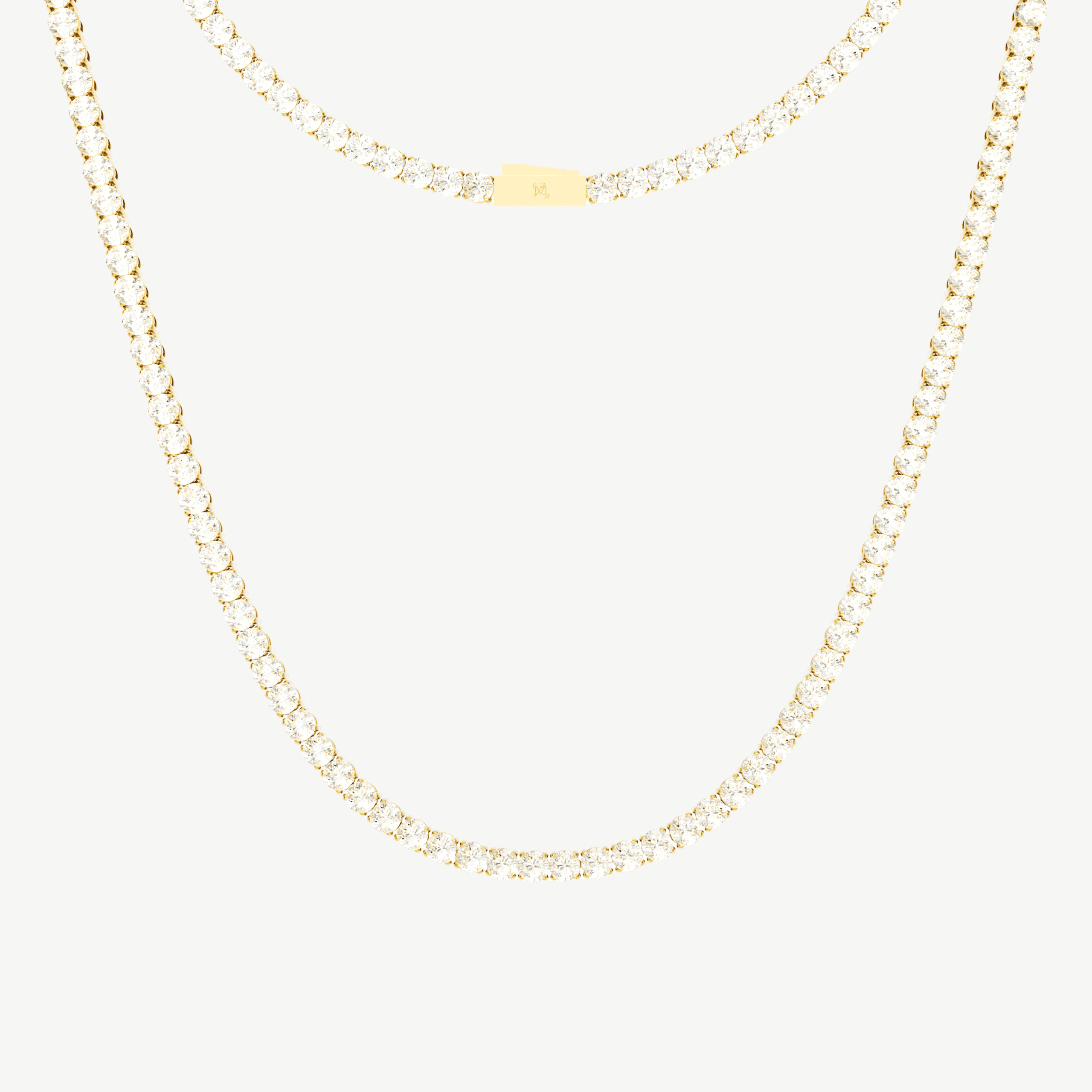 This is a front-on product shot of our 5mm Round-Cut Yellow Gold Tennis Necklace, displayed on a white background with a front view of the necklace clasp