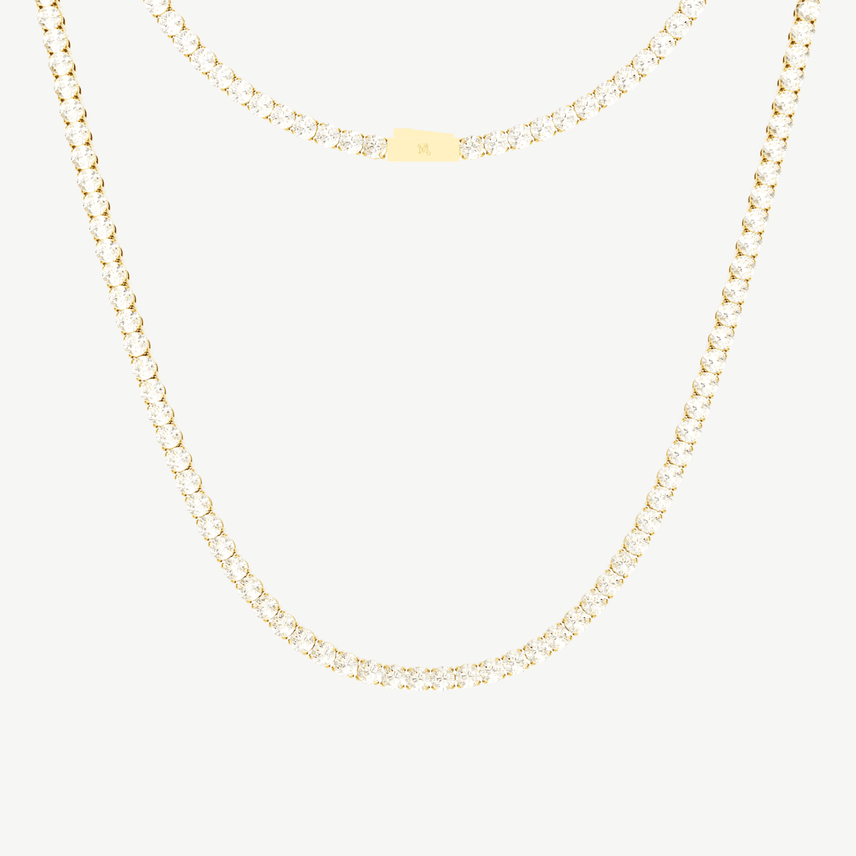 This is a front-on product shot of our 5mm Round-Cut Yellow Gold Tennis Necklace, displayed on a white background with a front view of the necklace clasp