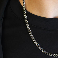 This is a close up side shot of our 6mm cuban link chain on a models neck.