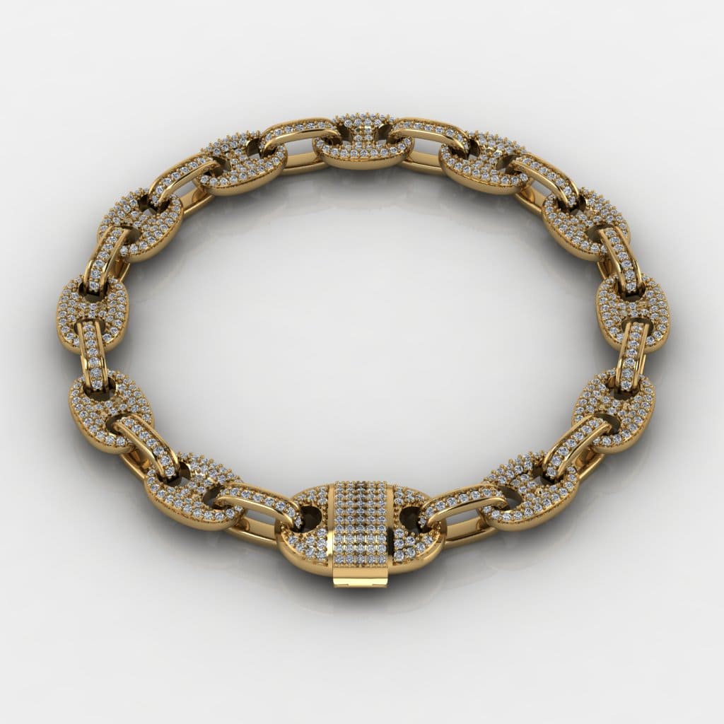 This is a cad designed image of our 8mm moissanite morg-link bracelet in 10k yellow gold