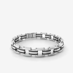 This is a front-on product shot of our Apex bike chain bracelet, displayed on a white background with an inside view of the clasp