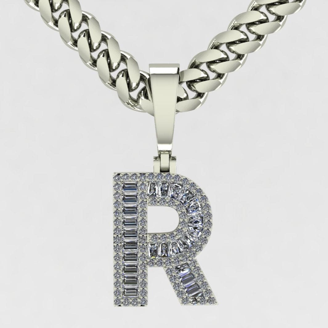 This is a cad front image of our Sterling silver baguette-cut moissanite letter pendant of the letter R