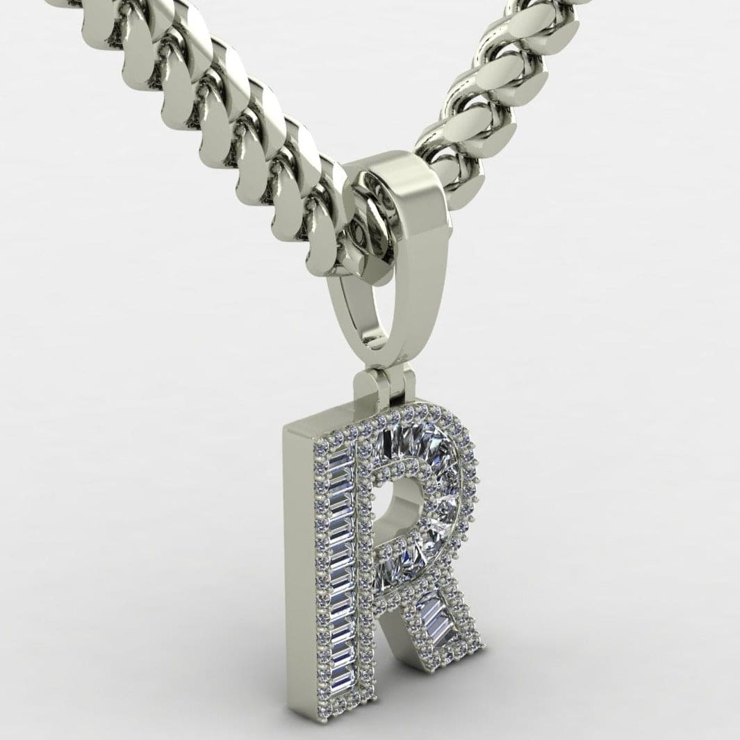 This is a cad side image of our Sterling silver baguette-cut moissanite letter pendant of the letter R