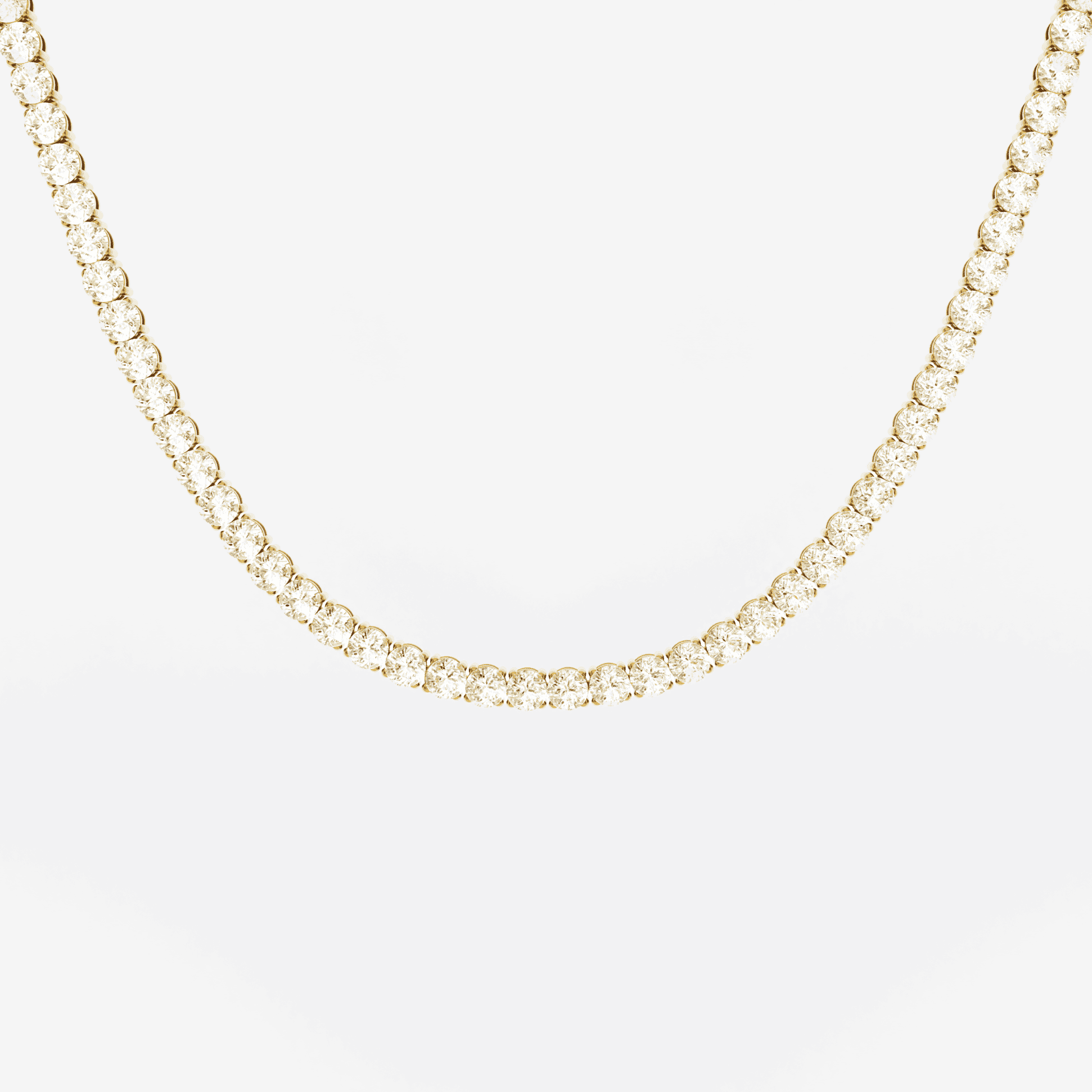 This is a front-on product shot of our 5mm Round-Cut Yellow Gold Tennis Necklace, displayed on a white background