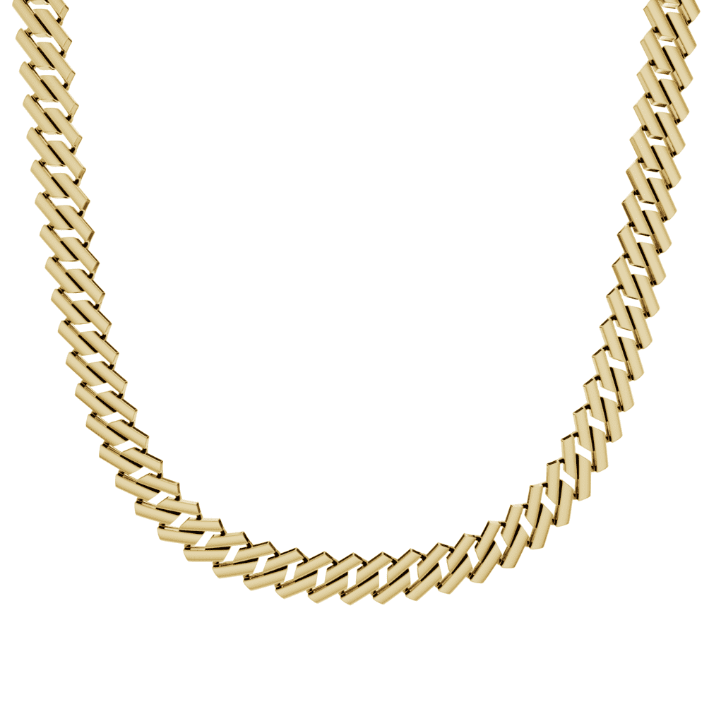 This is a product image of the 12mm yellow gold Rhombus cuban link chain with no clasp being displayed