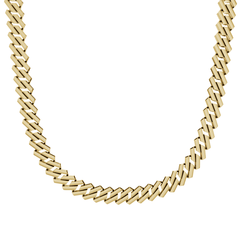 This is a product image of the 12mm yellow gold Rhombus cuban link chain with no clasp being displayed