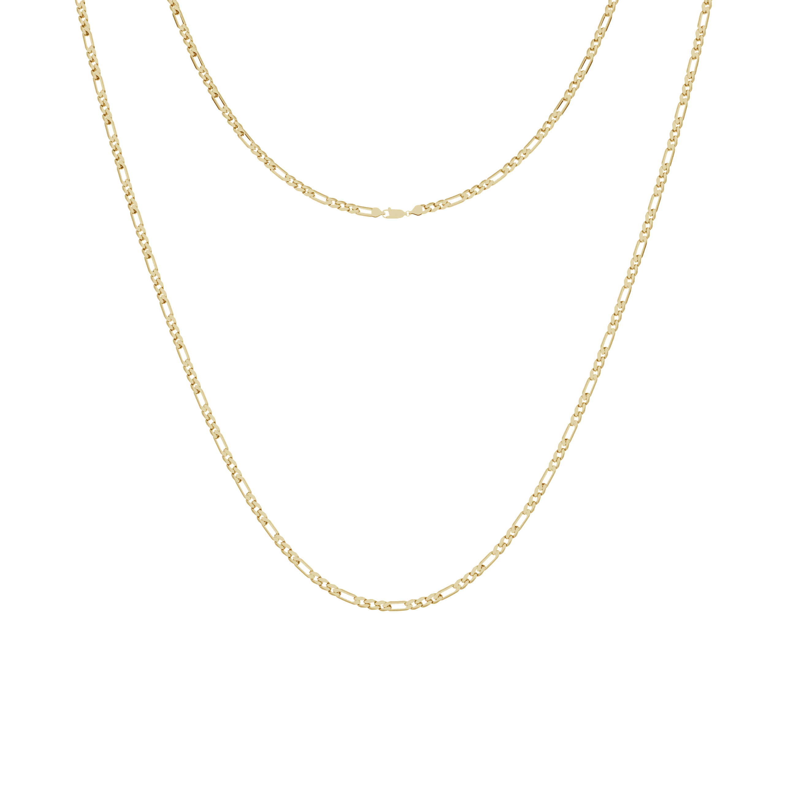 This is a front shot of our 3mm yellow gold figaro chain on a white background