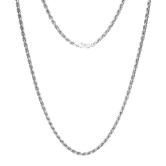 This is a product shot of our 3mm sterling silver rope chain, showcasing the full chain and clasp on a white backround