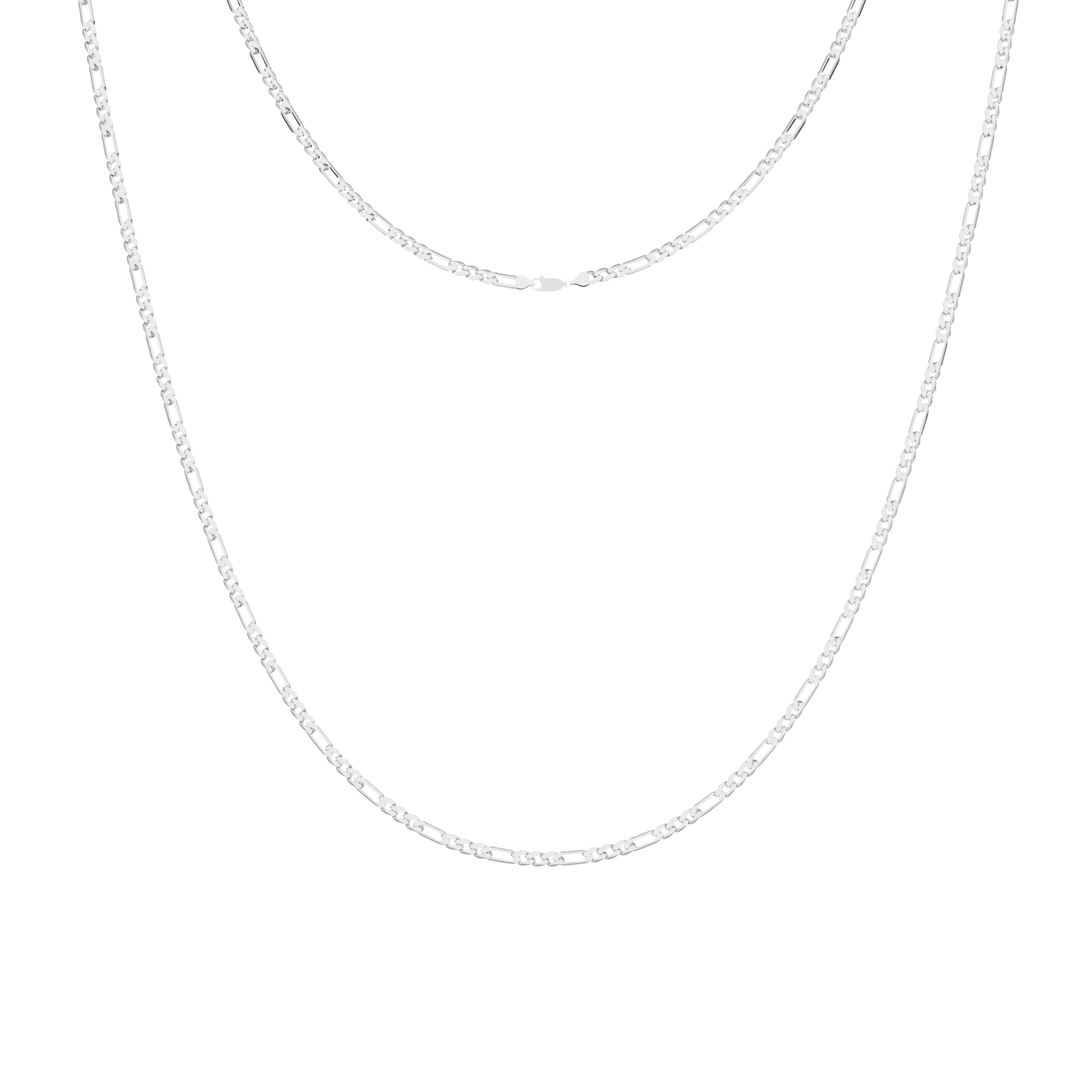 This is a front-on product image of our 3mm sterling silver figaro link chain with the clasp