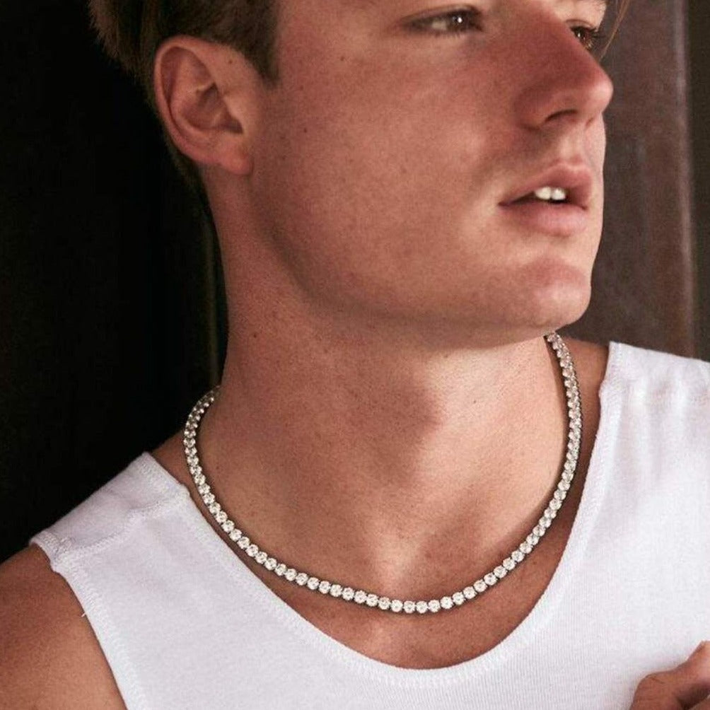 This is a close-up shot of a model wearing our 5mm Round-Cut Tennis necklace, no clasp is being displayed