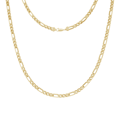 This is a front-on product shot of our 5mm yellow gold italian figaro chain , displayed on a white background with a front view of the necklace clasp