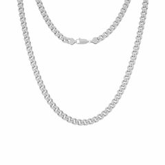 This is a front-on product shot of our 7mm sterling silver cuban link chain, displayed on a white background with a front view of the necklace clasp