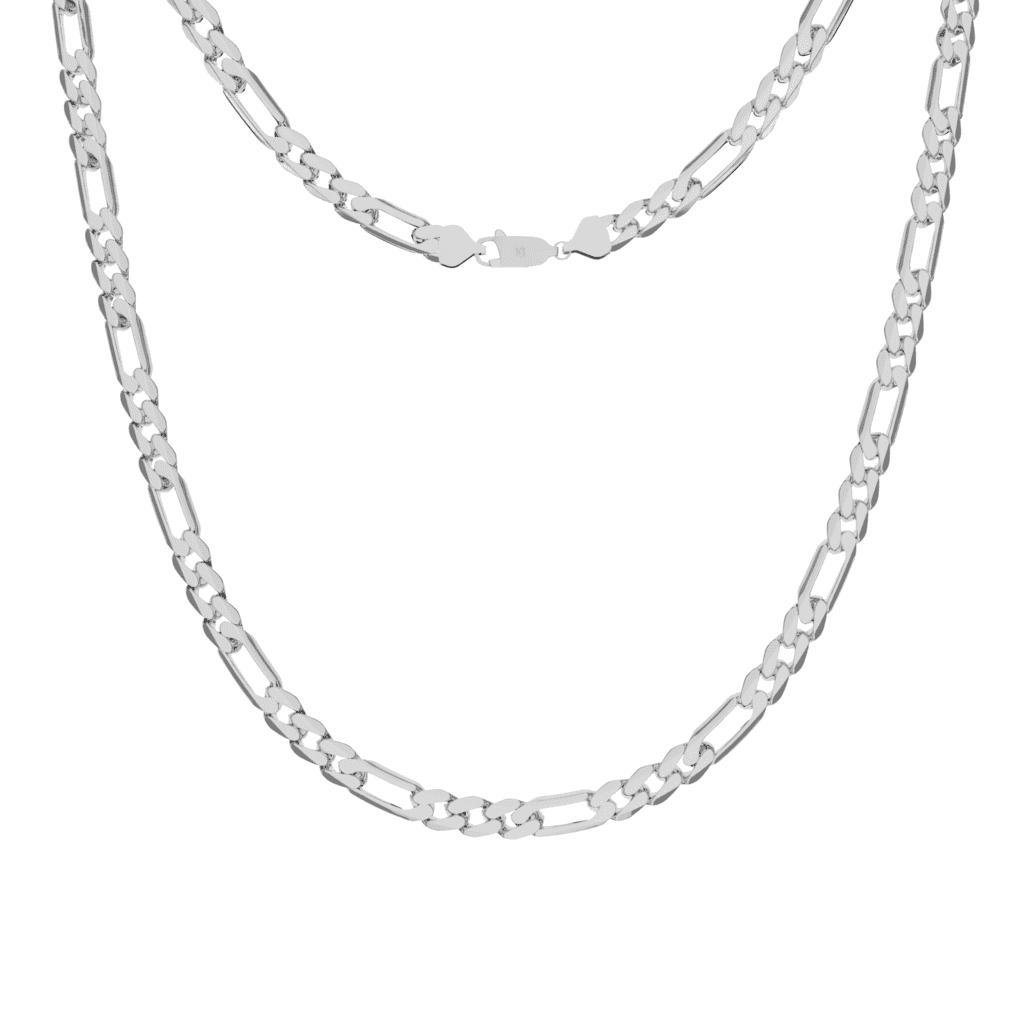 This is a front-on product shot of our 7mm sterling silver figaro chain necklace, displayed on a white background with a front view of the necklace clasp